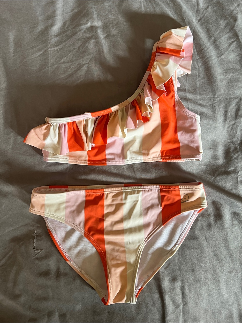 Kids One-Shoulder Ruffle Bikini - Coral, Pink & Cream Stripe